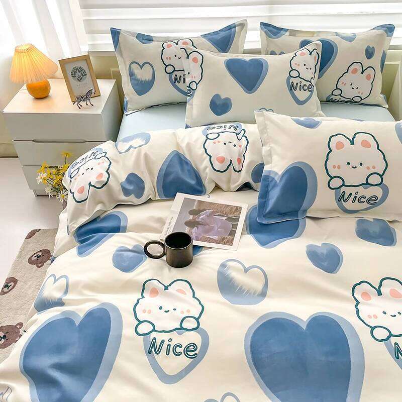 Blue Love Duvet Cover Heart Shaped Cute Rabbit Print Bedding Sets for Women Girls Teens Bed Set Flat Sheet Reversible Covers H260311