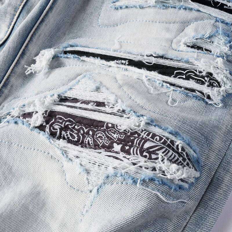 Y2k Fashion New Men's Quality Washed Nostalgic Perforated Light Blue Jeans High Street Hip Hop Brand Pants H Z260225