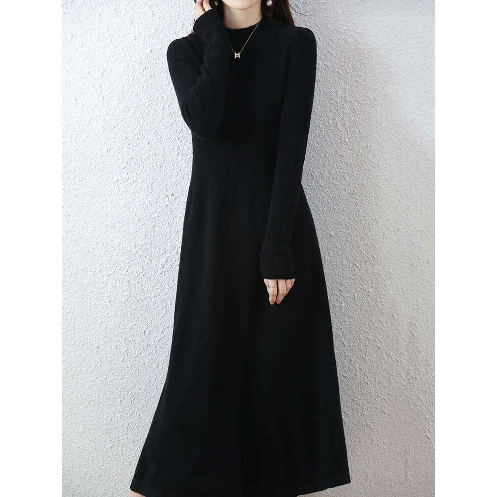 Autumn Winter Women's Dress Sweater Mock Neck Pullover Thick 100% Merino Wool Knitwear Chic Soft Cashmere Skirts A-Line Top Z260311