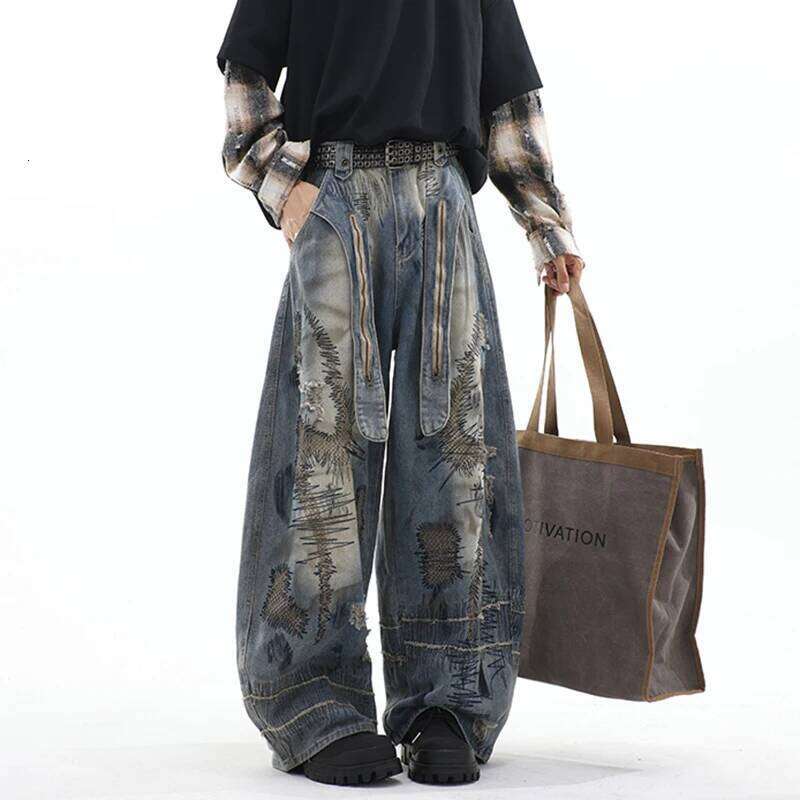 LUZHEN Personalized Original Wornout Patched Printed Loose Wide Leg Jeans Men's 2025 New High Quality Street Denim Pants JY4020 Z260225