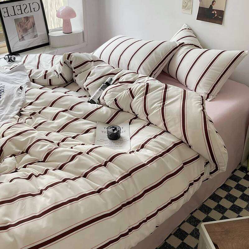 Linen Sheets Stripes Duvet Suit Set Cover Bed Sheet Quilt Queen Size INS Blogger Comforter Sets H260311