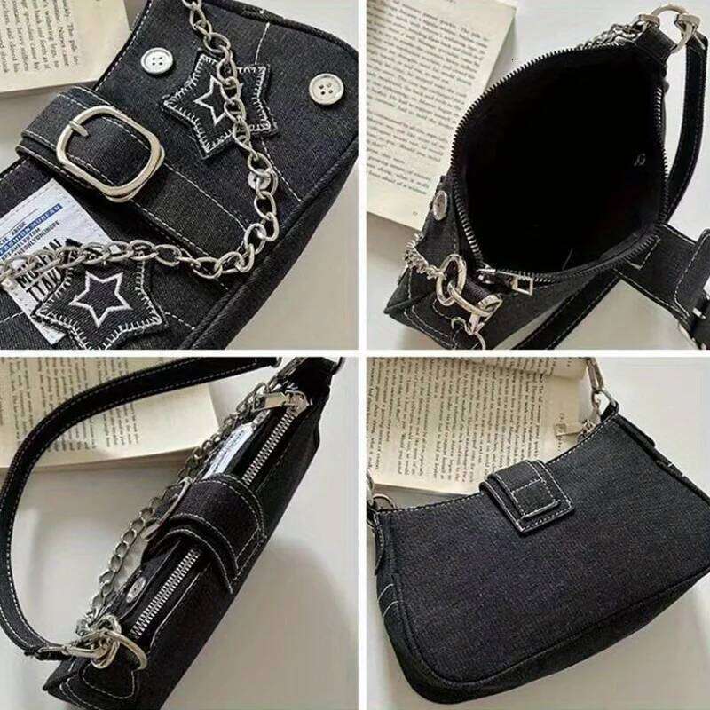 Trendy Star-Patterned Underarm Bag, Fashion Crescent Canvas Handbags with Chain Strap, Denim Handbag Shoulder Bag XJ260311