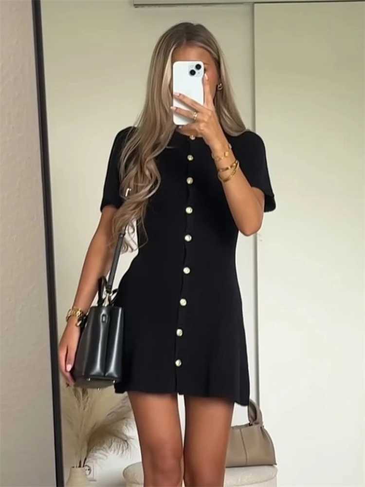 Trendix Elegant Knit Mini Dress Women Street Slim High Waist Short Sleeve Rib Sweater Dresses Vacation Bodycon Knitwear Dress M260311