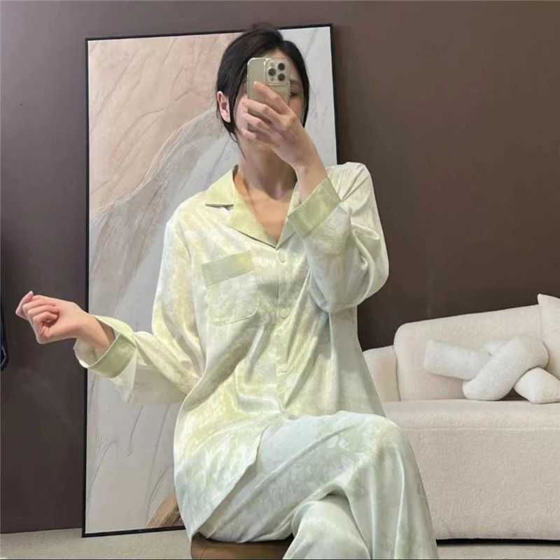 Womens Satin Pajama Set Spring New Classic Sandpainting Pajama Set Long Sleeve Button Green Pajama Lounge Pant Women Sleepwear X260311