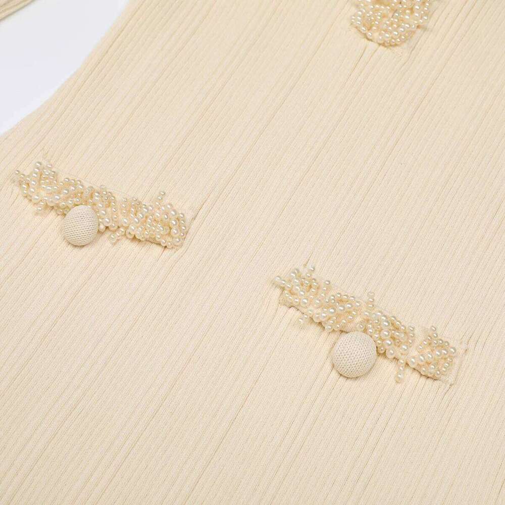 Three Color High-Quality New Fashionable Elastic Knitted V-Neck Slim Fit Handmade Nail Bead Luxurious Long Sleeved Women's Dress