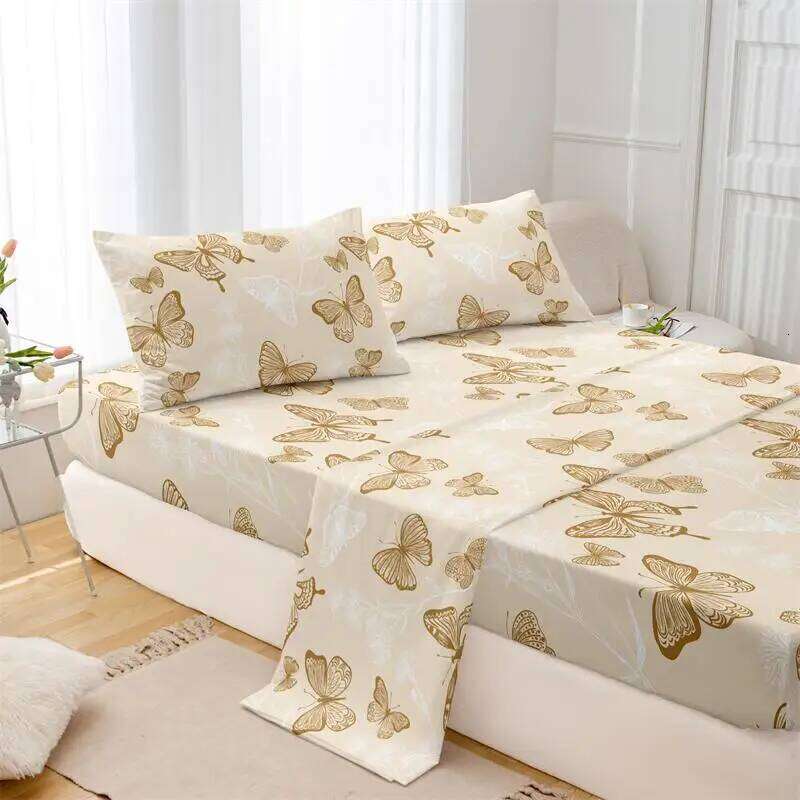 4pcs Butterfly brushed Fitted sheet+flat sheet+pillowcase set skin friendly breathable Queen Size Flat bed sheet Pillowcases H260311