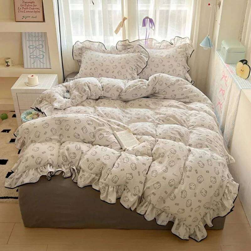 2025 new cream lace girl powder grid Korean version bed four-piece set washed cotton double-layer yarn quilt cover dormitory H260311