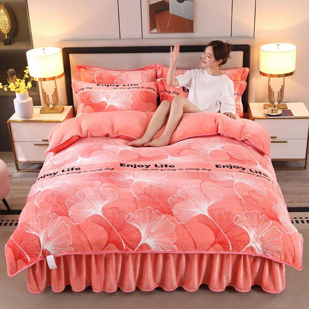 Class A Milk Bedding Sets Double-Sided Thicken Four-Piece Set Light Winter Warm Coral Velvet Quilt Cover Bed Skirt H260311