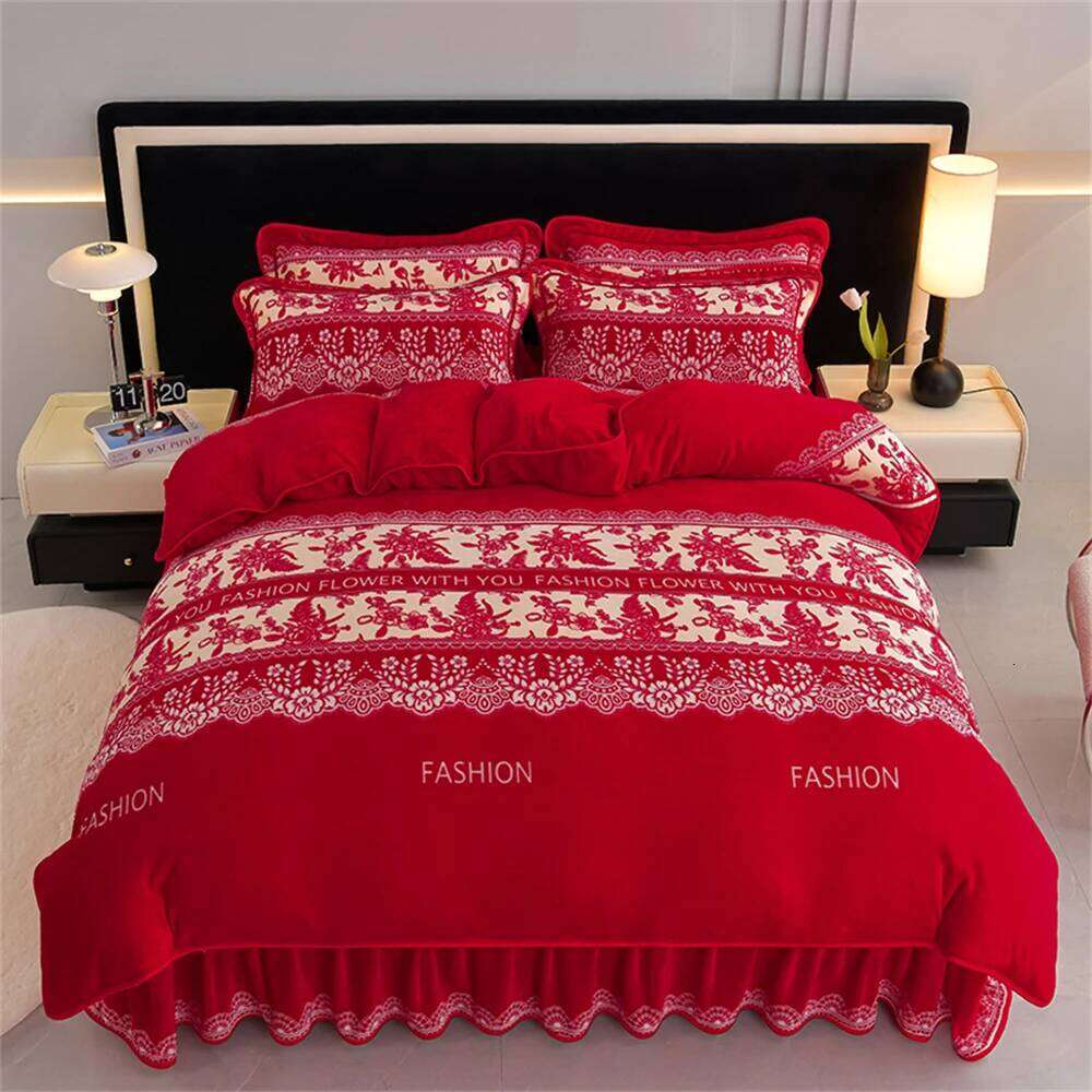 Class A Milk Four-Piece Set Light Ethnic Style Winter Warm Fleece Anti-static Duvet Cover Bed Sheet Bedding Sets H260311