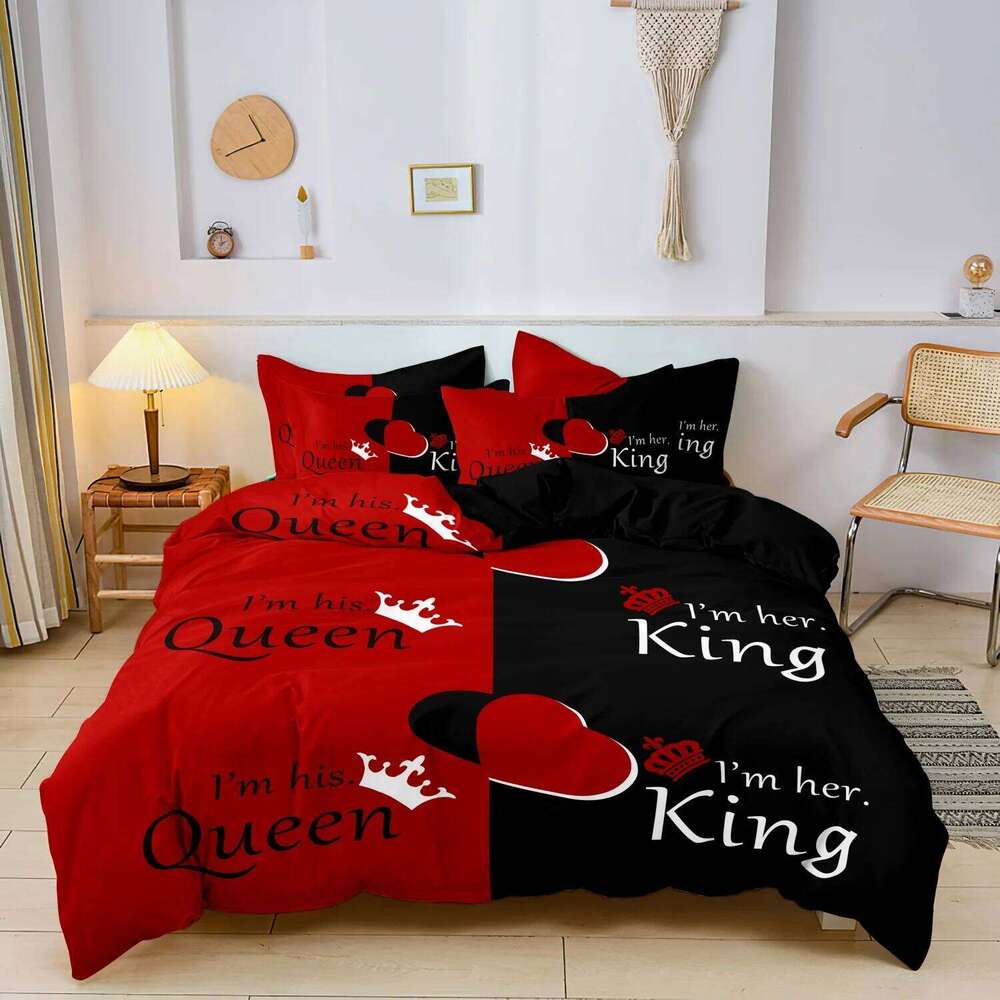 Dark Red And Black Three-Piece Bedding Set with Queen & King Size Featuring Printed English Letters on The Duvet Cover H260311