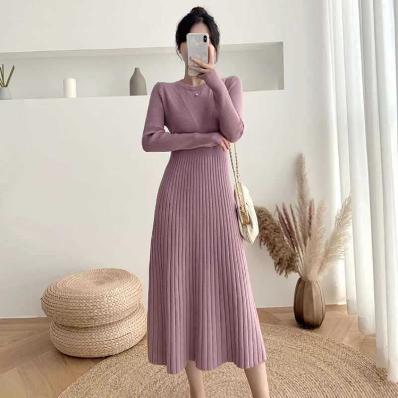 New Autumn Winter O-neck long sleeve knitted Dress French Style high waist solid slim mid-length A-line sweater Dress M260311