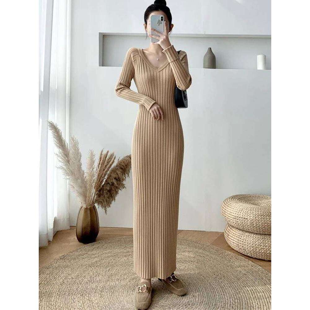 Zoki Elegant Solid Women Knitted Simple Korean Slim Long Sleeve Ankle Length Casual V Neck Office Ladies Chic Dress Z260311