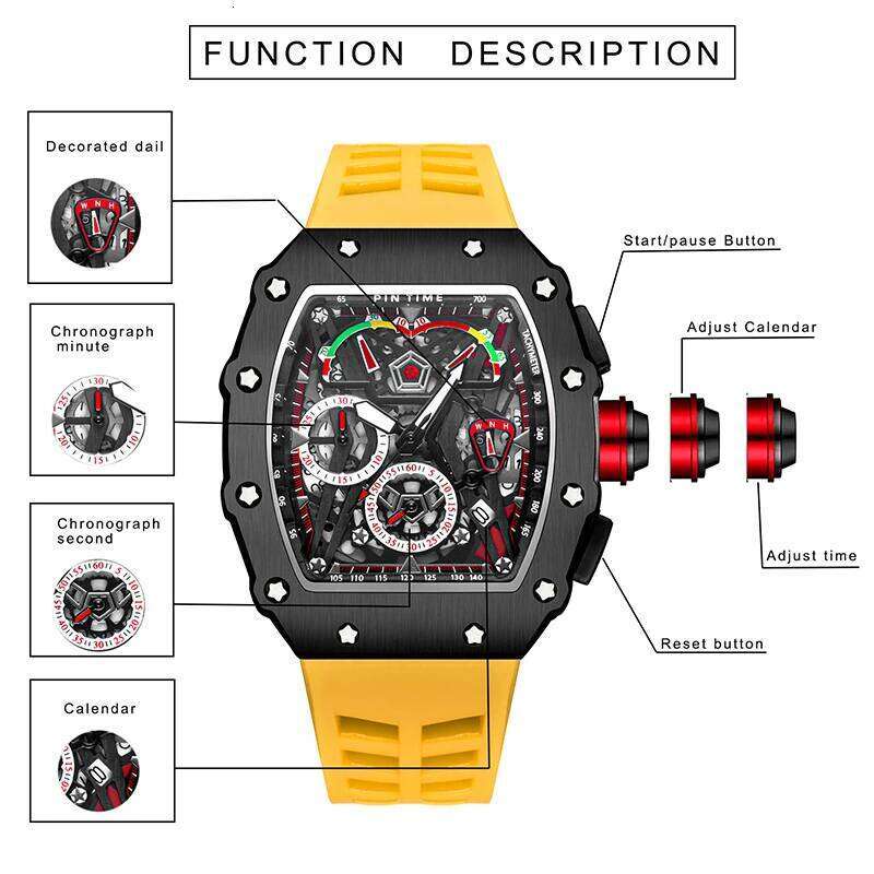 PINTIME Men's Watches Hollow Punk Chronograph Sports Fashion Quartz Wristwatch Silicone Strap Luxury Designer Relogios Masculino