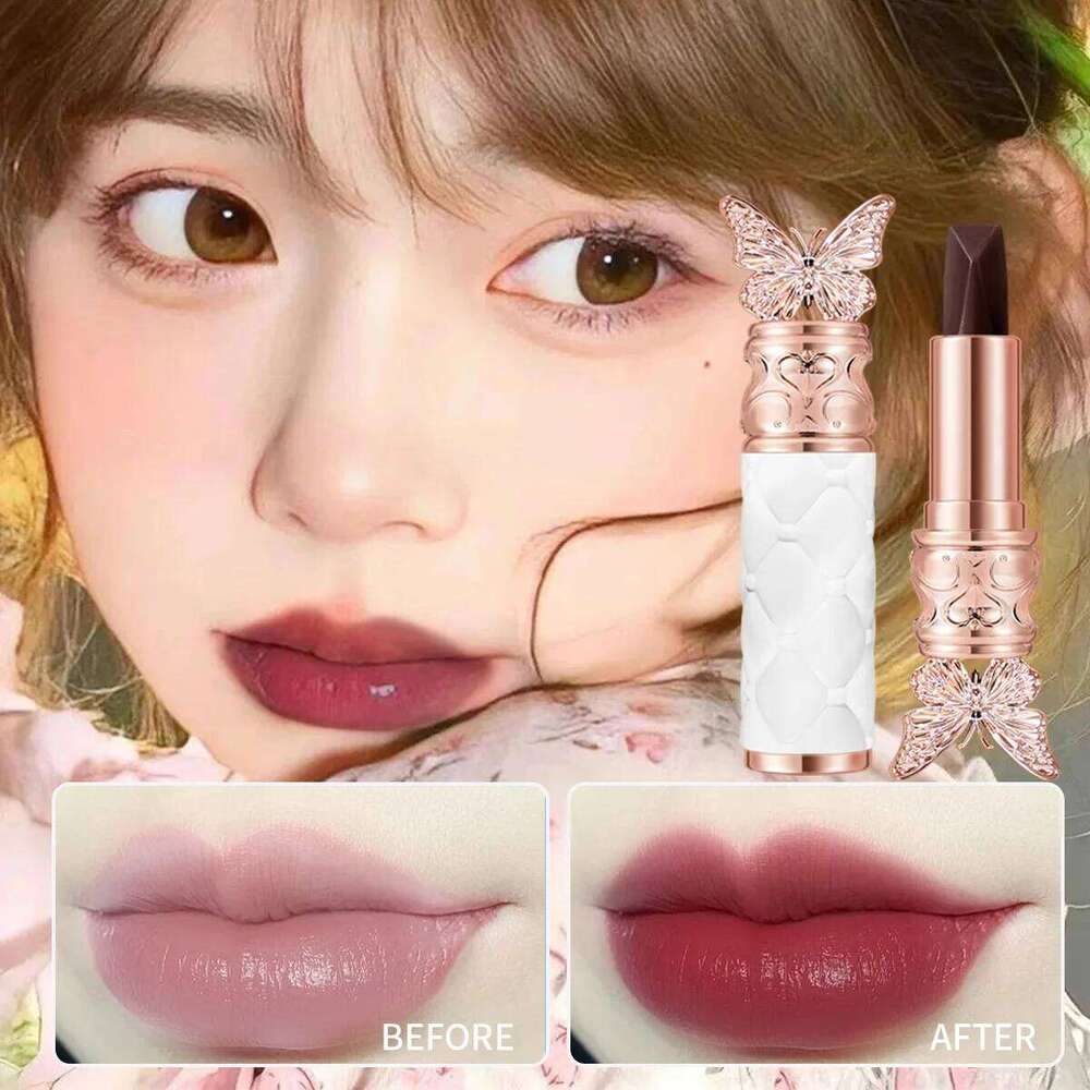Single-color matte velvet butterfly lipstick with a three-color finish that stays on and doesn't transfer to cups. W260311