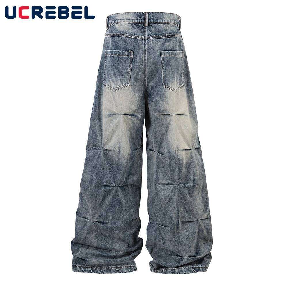 Pleated Washed Distressed Jeans Mens Retro High Street Pocket Loose Wide Leg Denim Pants Men Trousers Z260225