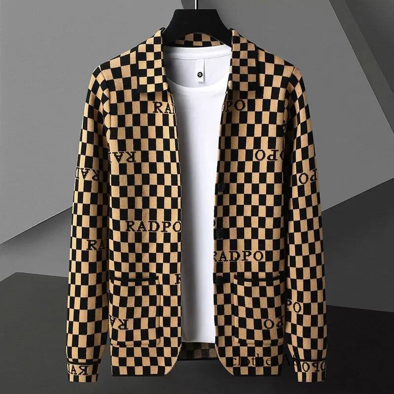 Smart English Elements Plaid Panelled Turn-down Collar New Men Coat Fashion Casual Knit Loose Pockets Cardigan Jacket