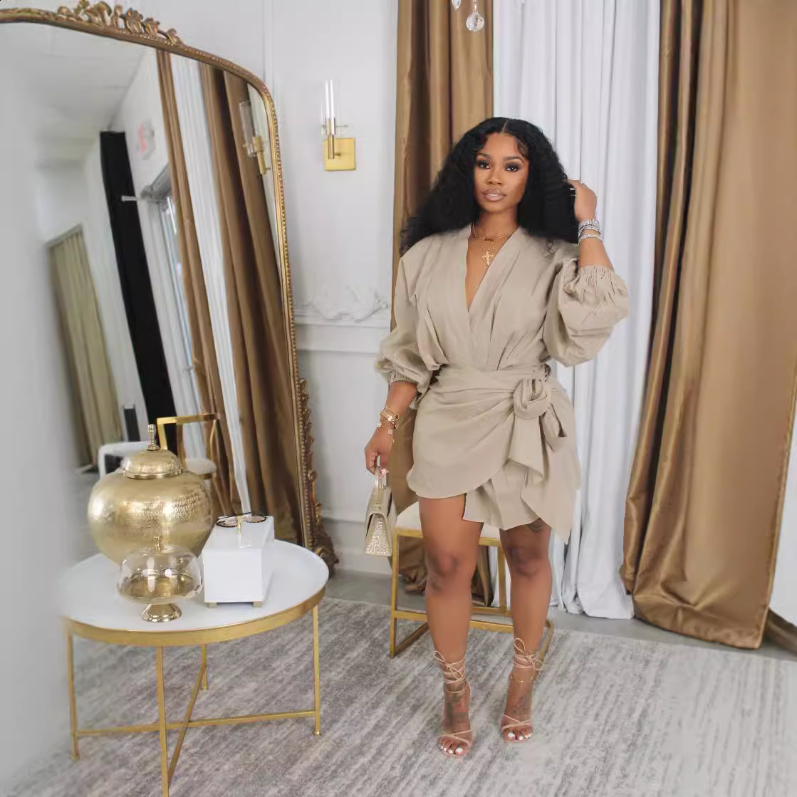 Casual Dresses Women Chic Side Folds Lace-Up Mini Dress Elegant Commute Lapel Dress Fall Fashion Long Sleeve Solid Color V Neck Shirt Dress 230512