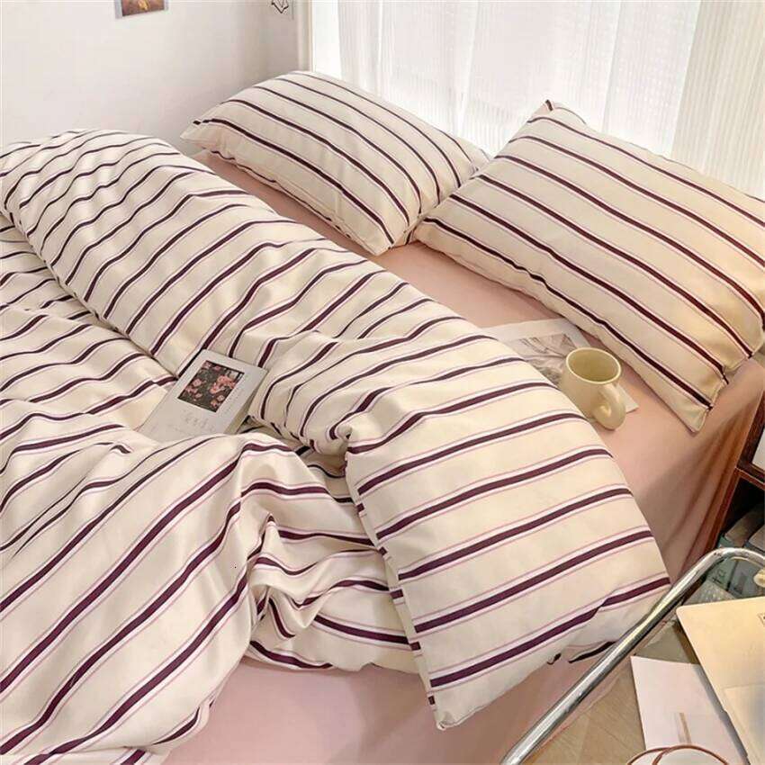 Pure Cotton Home Textile Blue Striped Bedding Set Simple Soft Duvet Cover Sheet Pillowcase Ins Style Bed Linens Queen King Size H260311