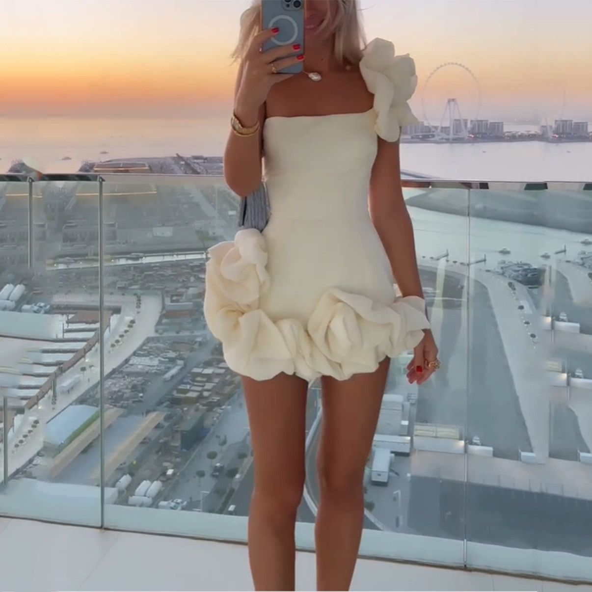Elegant Short Strapless Crepe Evening With Hand Made Flower Sheath Sleeveless One Shoulder Mini Length Zipper Back Prom Dresses for Women ZD19