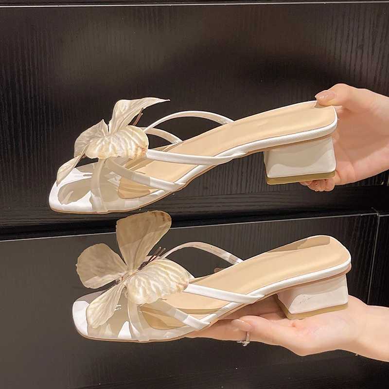 Fashion Square Heel Sandals Womens Summer New Square Toe Open Toe Iris Flower Thin Strap Non-Slip Kitten Heel Shoes K260311