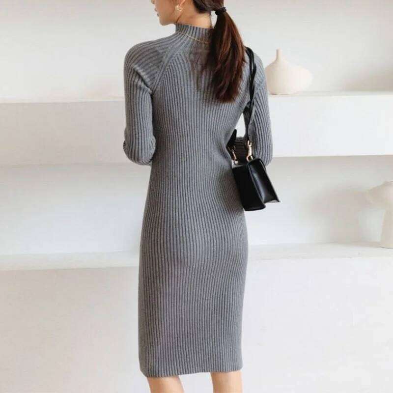 Autumn Winter Half High Collar Dress Sweater Knitted Skirt Women Midi Korean Over the Knee Slim Solid All-match Bodycon Dresses Z260311