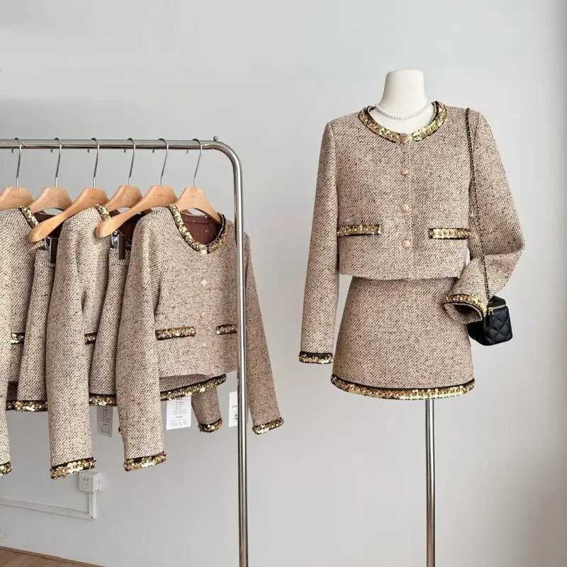High Quality French Vintage Tweed 2 Piece Sets for Women Fashion Jacket Coat & Short Skirt SuitsT260311