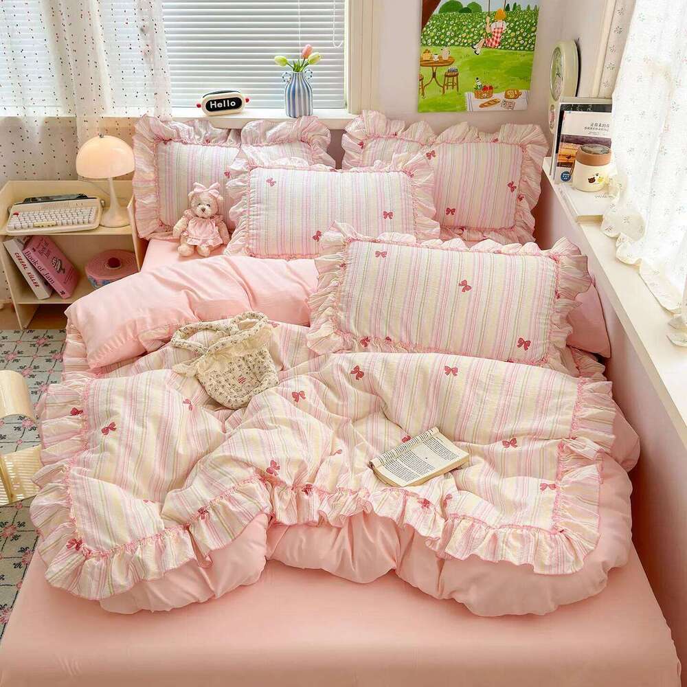 3pcs pink seersucker Duvet 1*Duvet Cover + 2*Pillowcase, Without Core,pink bow Bedding Set H260311
