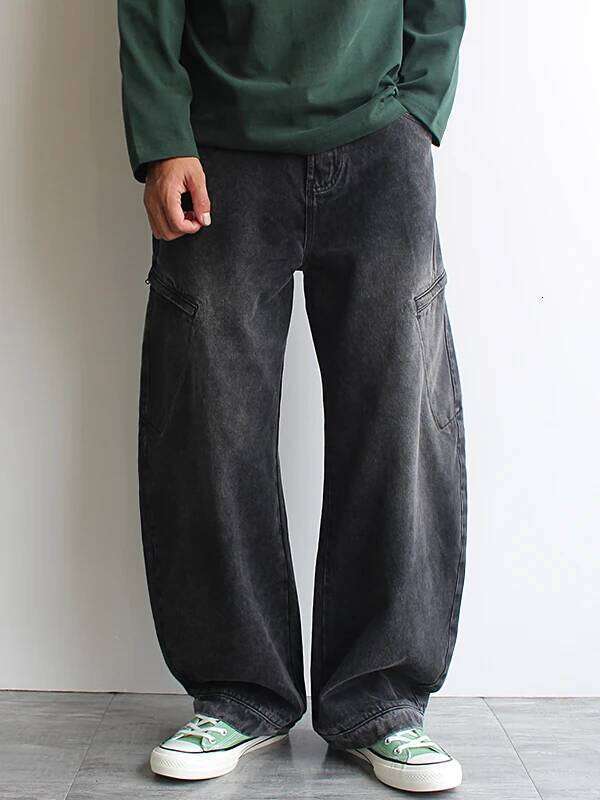 Autumn/Winter Black Washed Denim Trousers for Men - American Streetwear Style Curved Blade Wide-Leg Multi-Pocket Urban Jeans Z260225