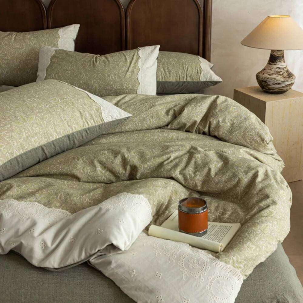 A Class Cotton Linen Four-Piece Skin Friendly Retro Floral Printed Bedding Set Quilt Cover With Lace Pillowcase Bed Sheet H260311