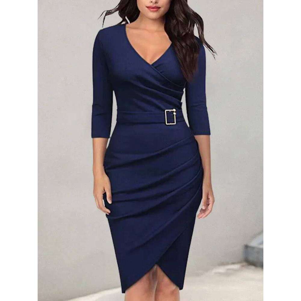 Elegant Fall Bodycon Short Dress Women Long Sleeve V Neck Slim Fit Work Robe Female OL Lady Solid Everyday Dresses Z260311