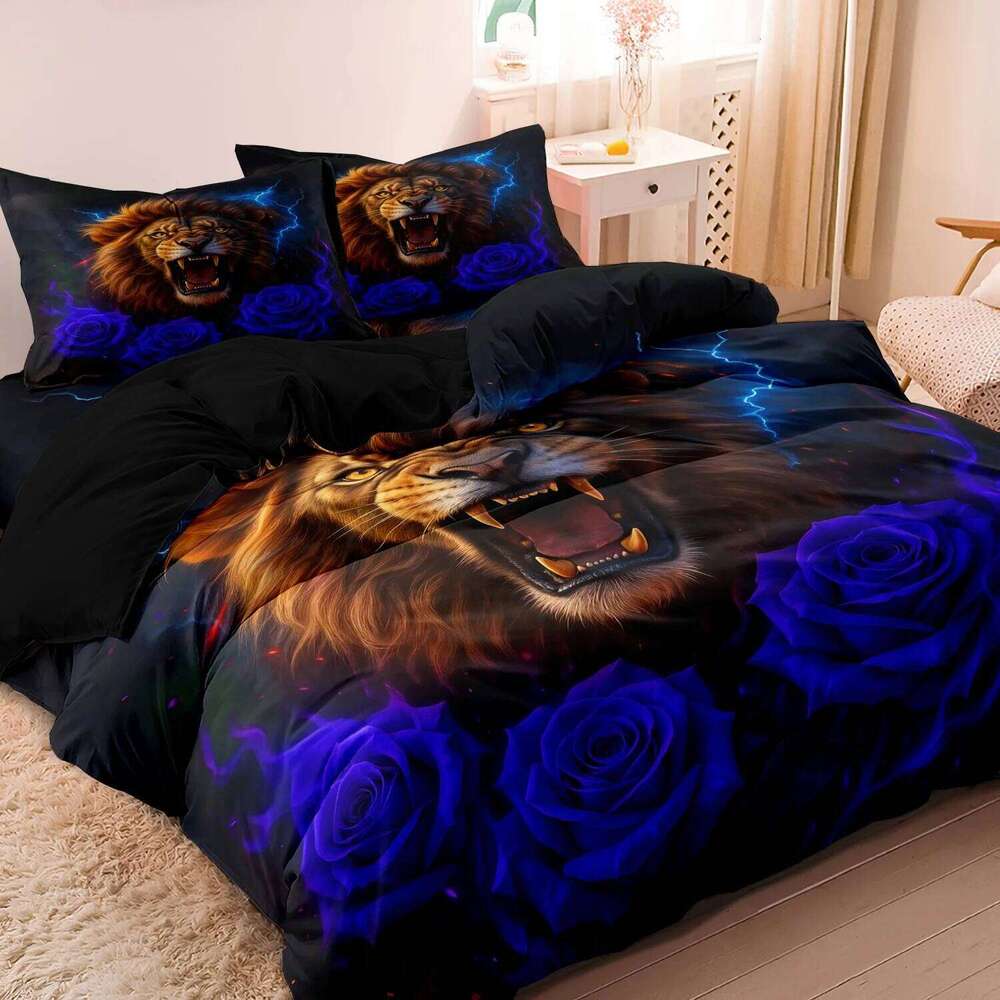 3pcs Set, Valentine'S Day Romantic Wolf & Rose Print Duvet Cover Soft Comfortable Bedding Set for Home Bedroom H260311