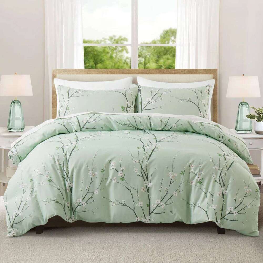 Sage Green Floral Duvet Twin Queen 2/3 Pieces Flower Plum Blossom Bedding Set Reversible Botanical Branch Comforter Cover H260311