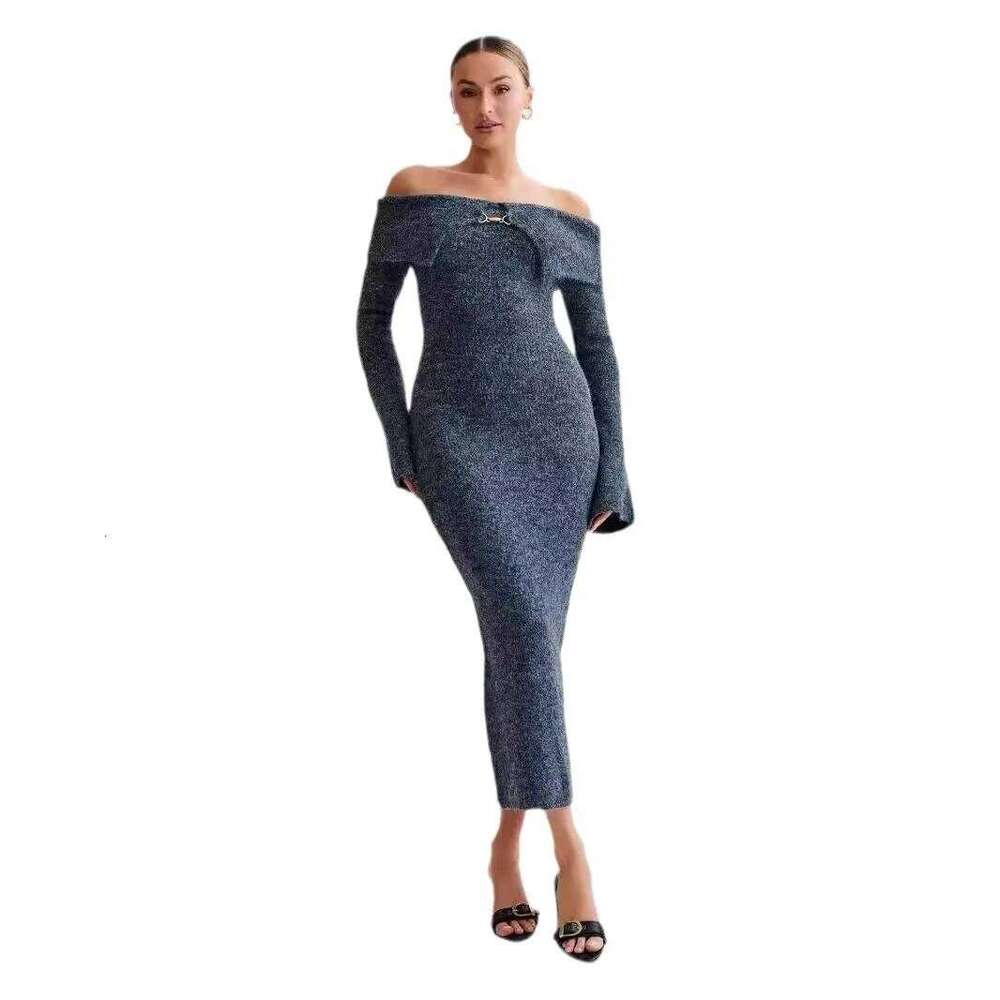 Women Knitting 2025 Autumn Knit Sweater Women's Off The Shoulder Bodycon Long Sleeve Slim Fit Midi Dress Z260311