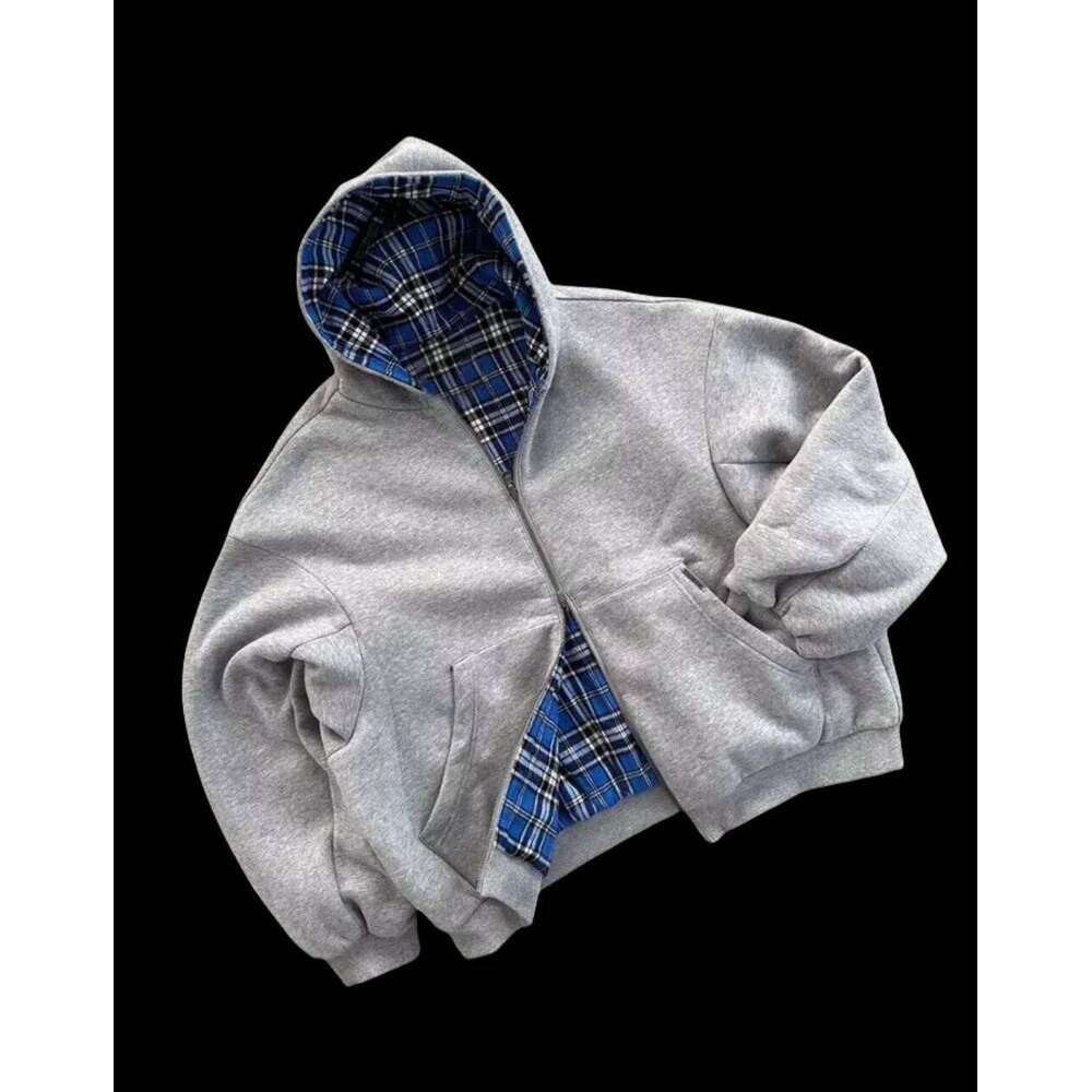New Oversized Reversible Designer Clothing Cotton Hoodie with Plaid Lining Sweatshirt Streetwear 26H0311