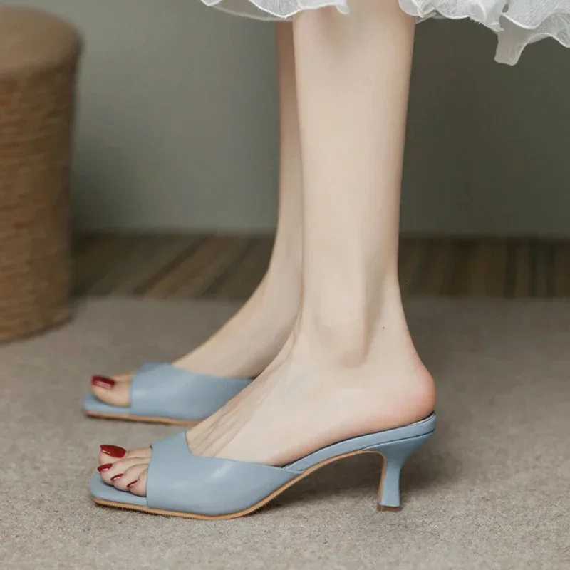 Size 34-42 Women Heeled Mules Sandals Soft Leather High Heels Summer Shoes For Women Slippers Vintage Open Toe Slides K260311