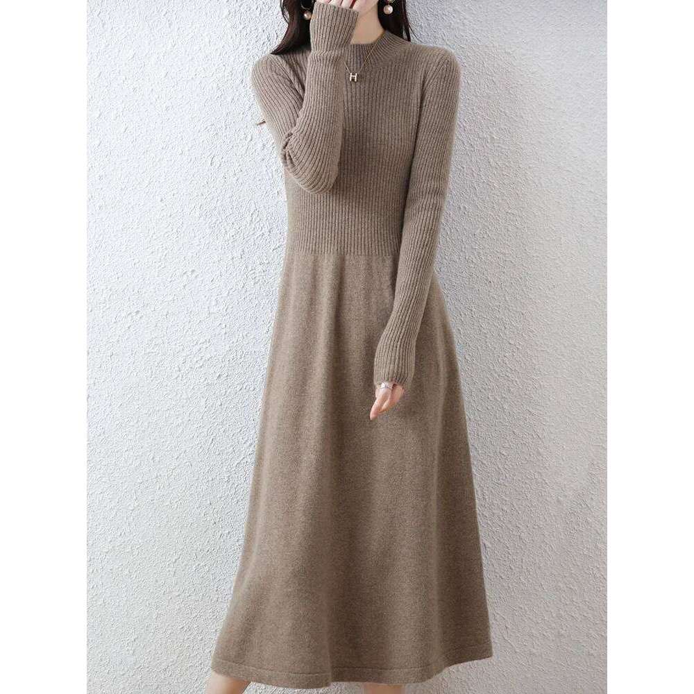 Autumn Winter Women's Dress Sweater Mock Neck Pullover Thick 100% Merino Wool Knitwear Chic Soft Cashmere Skirts A-Line Top Z260311