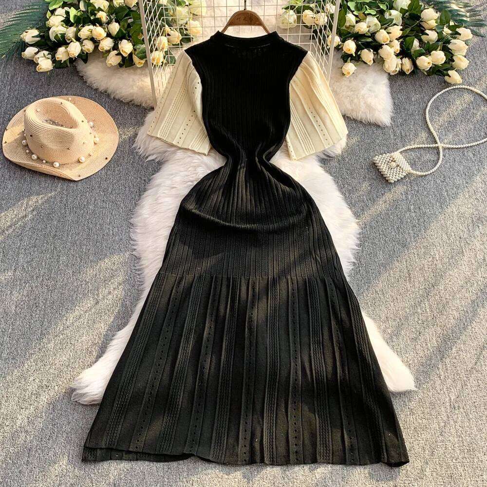 YuooMuoo Women 2025 Spring and Summer Elegant Patchwork One-Piece Knitted Maxi Office Lady Slim Waist Sweater Dress Z260311