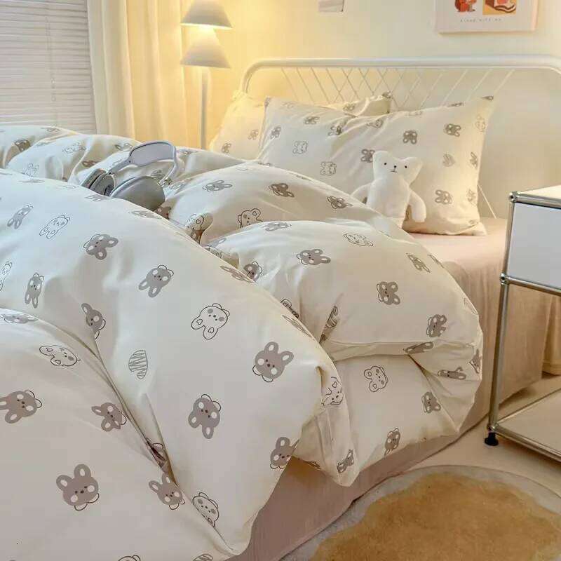 Queen Reactive Printed Sets Washed Polyester Soft Duvet Cover Sheet Pillowcase Cartoon Bedding Bed Set H260311