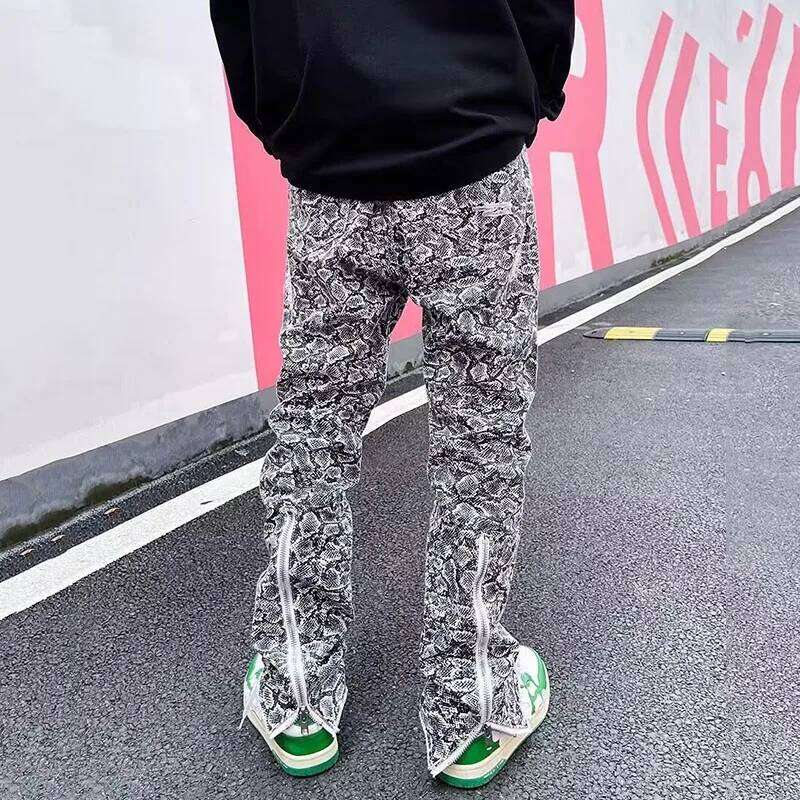 Men Fashion Snakeskin Graphic Jeans Male Baggy High Street Pants American Style Streetwear Casual Denim Trousers Z260225