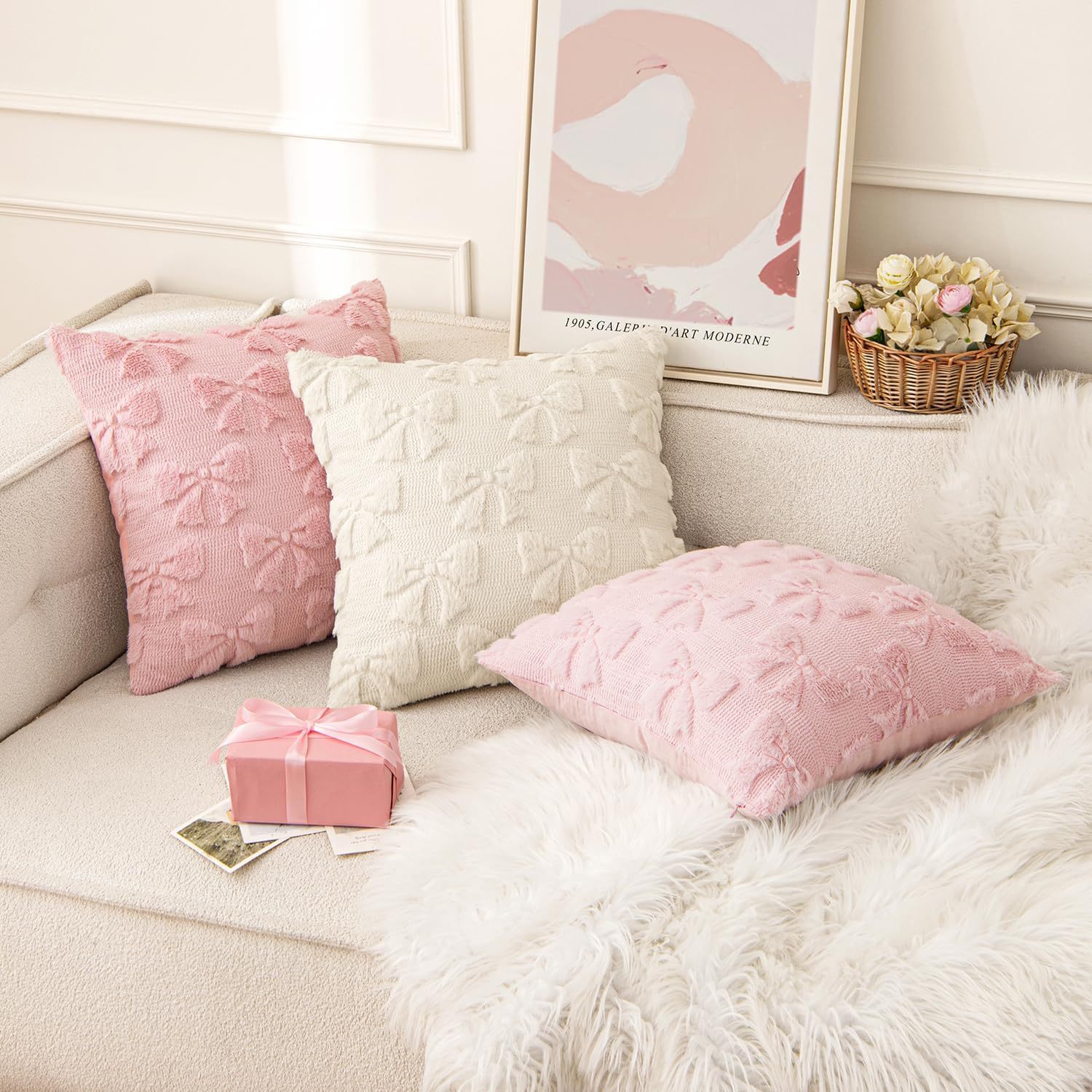 Quilting Embroidery Pillow Case Bow Plush Embroidery Pillow Without Core Bedside Pillow Office Backrest Pad