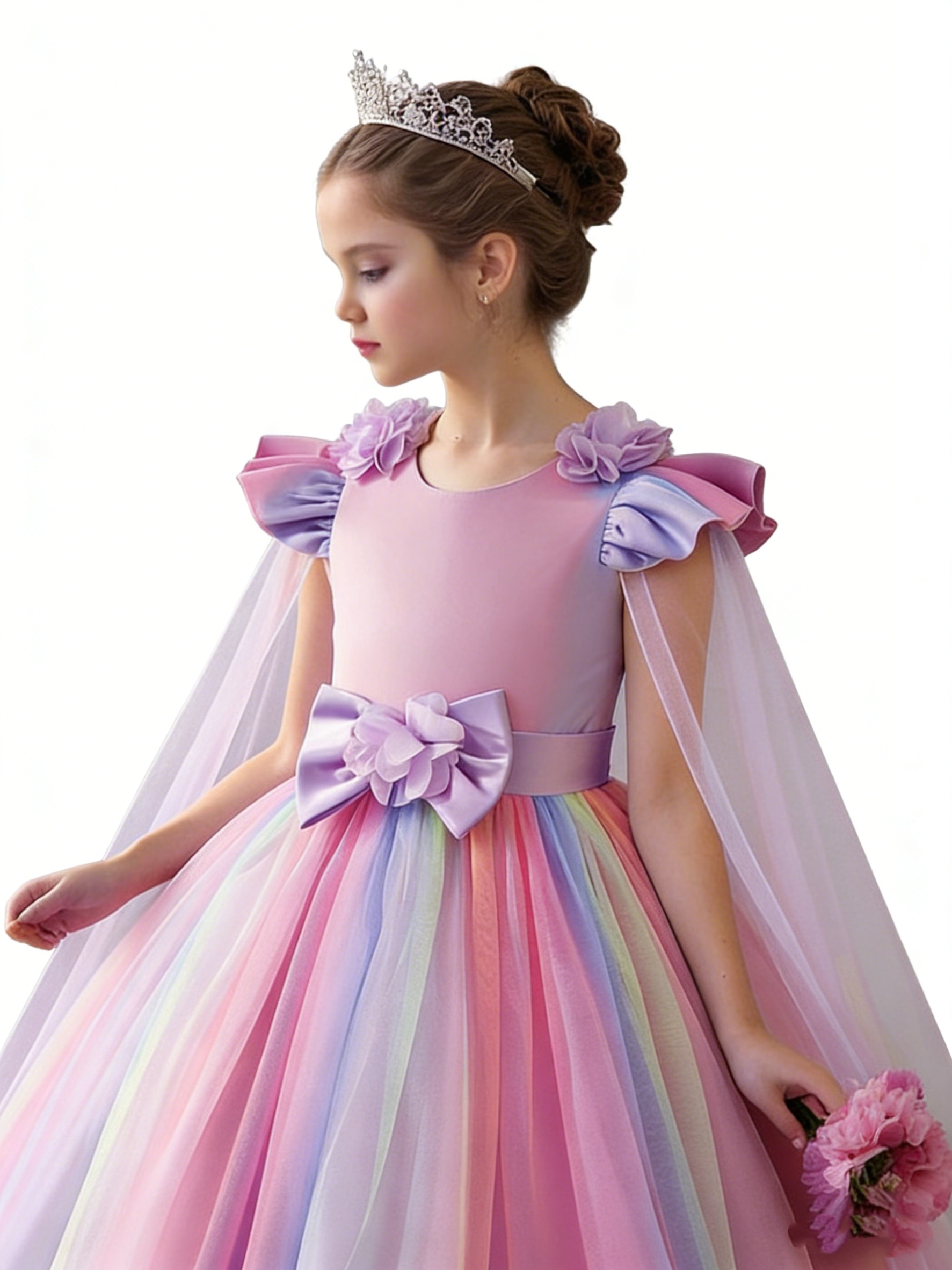 Girls Rainbow Tulle Princess Dress Kids Wedding Party Flying Sleeves Children Birthday Prom Dress Kids Photo Shoot Formal Dress Size 4-8Y