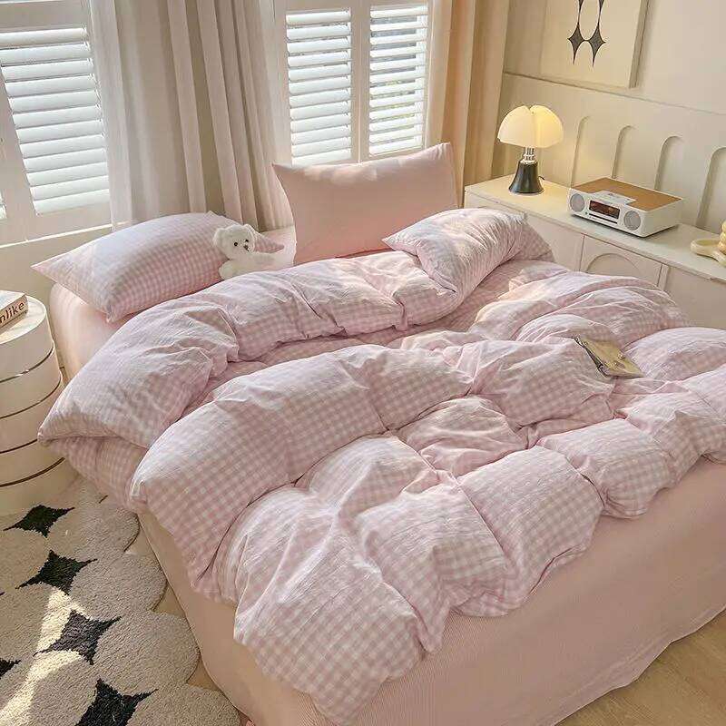 Ins Pink Plaid Bedding Set No Filler Twin Queen Size Comforter Cover Flat Sheet Pillowcase Girls Boys Solid Blanket Duvet H260311