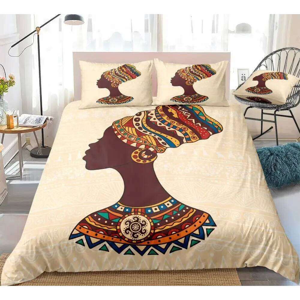 African Woman King Queen Duvet Retro Exotic Tribal Black Girl Pattern Bedding Set Africa Polyester Quilt Cover Pillowcase H260311
