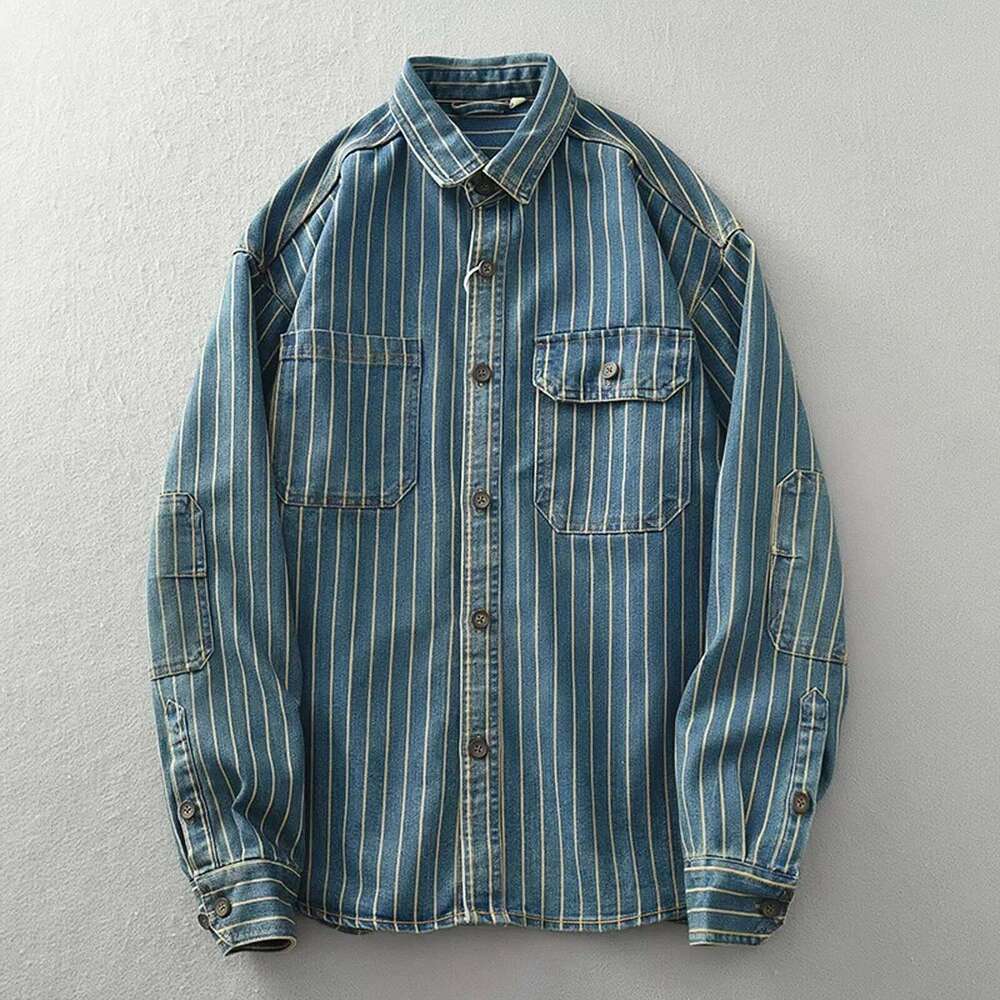 Heavy vintage washed vertical stripe denim men's loose size cotton long sleeve shirt jacket 26H0311