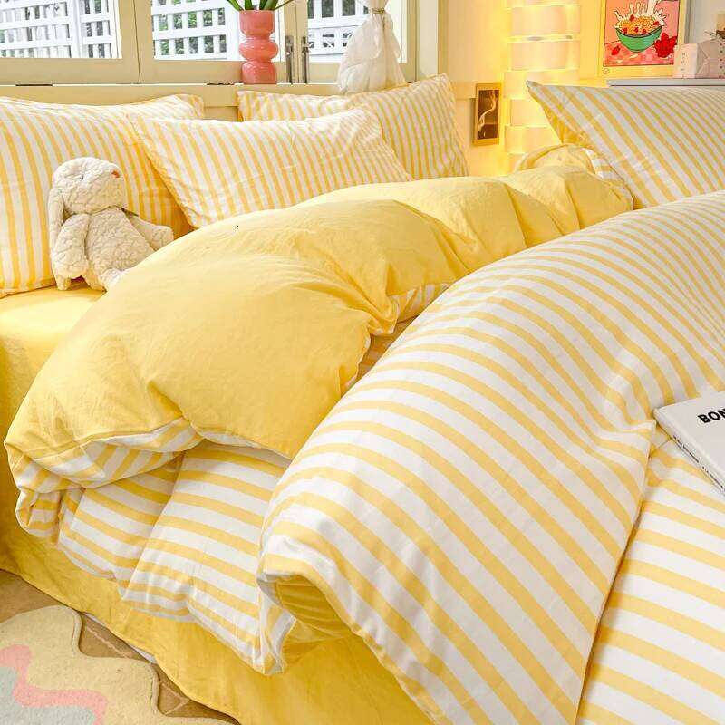 3pcs Yellow Stripe Duvet Modern Geometry Bedding Set Fashion Home Comforter Polyester Quilt Cover with 2 Pillowcases H260311