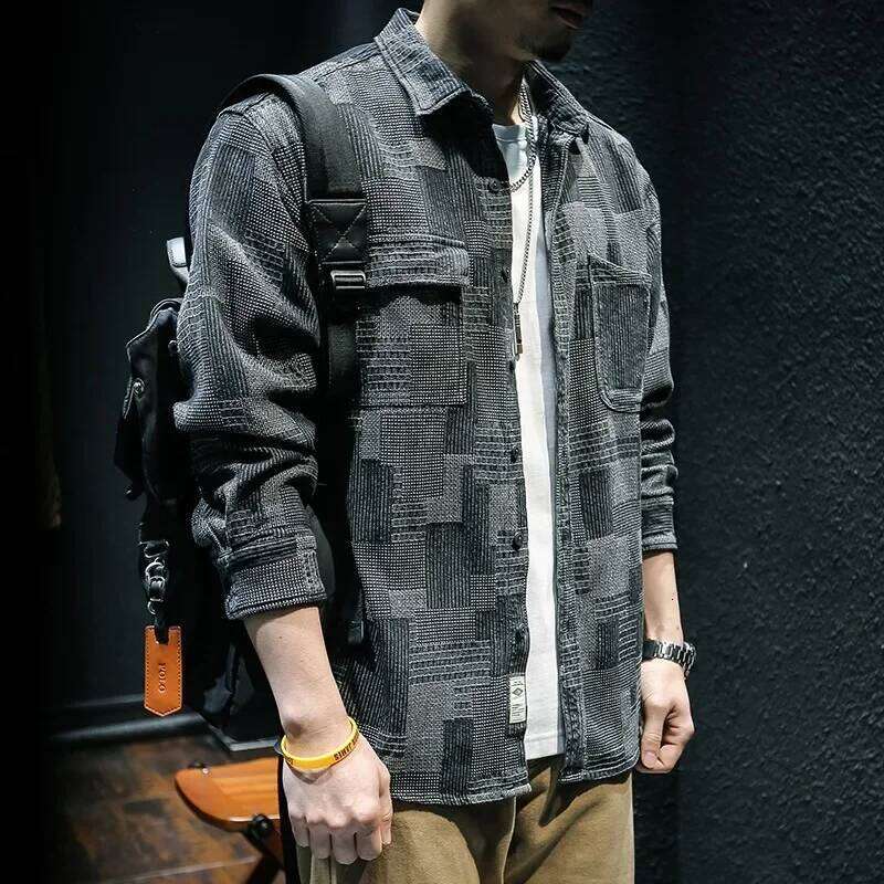 Retro Plaid Long Sleeved Denim For Fashion Loose Cargo Shirt Jacket Coat Y2k Streetwear Korean Trend Men Clothing 26H0311
