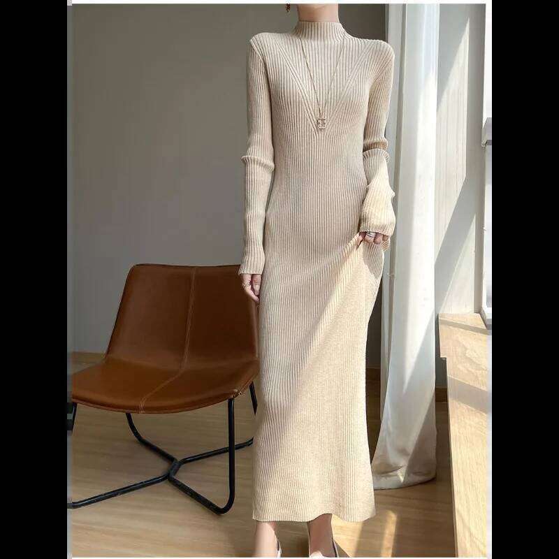 New Autumn Winter Dress Half Turtleneck High-end Inner Layer Bottoming Knitted Sweater Long Skirt for Women Z260311