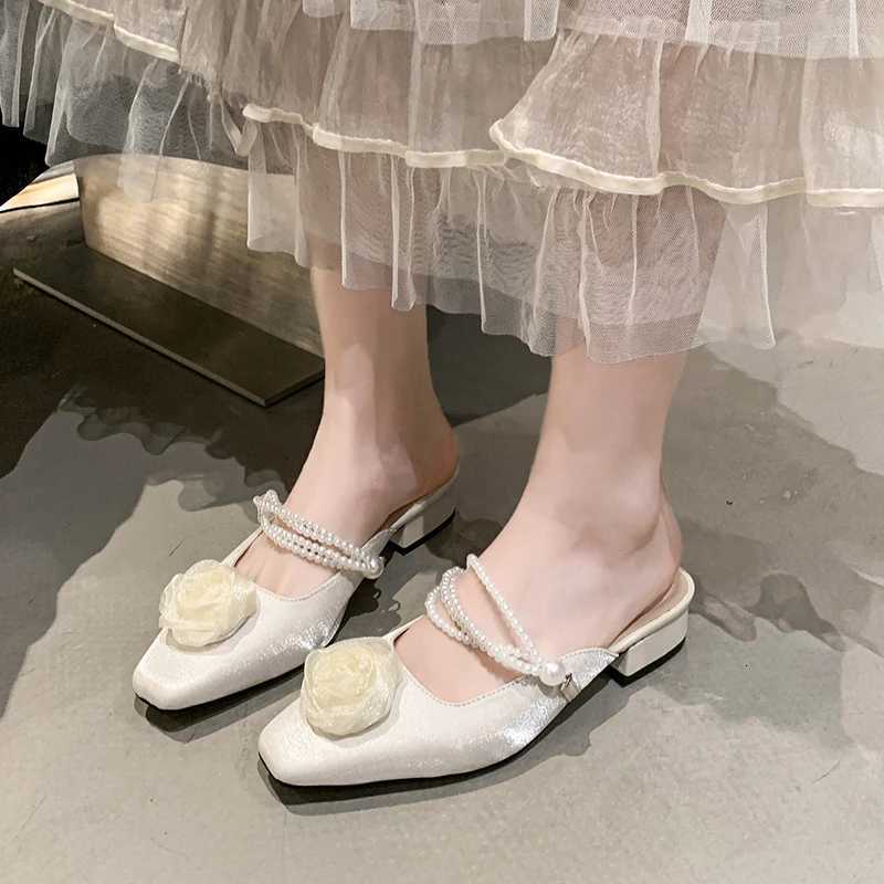 Elegant Mid Heels Women Flower Bead Heeled Shoes 2025 Fashion New Sandals Pumps Summer Trend Square Toe Shallow Slides K260311