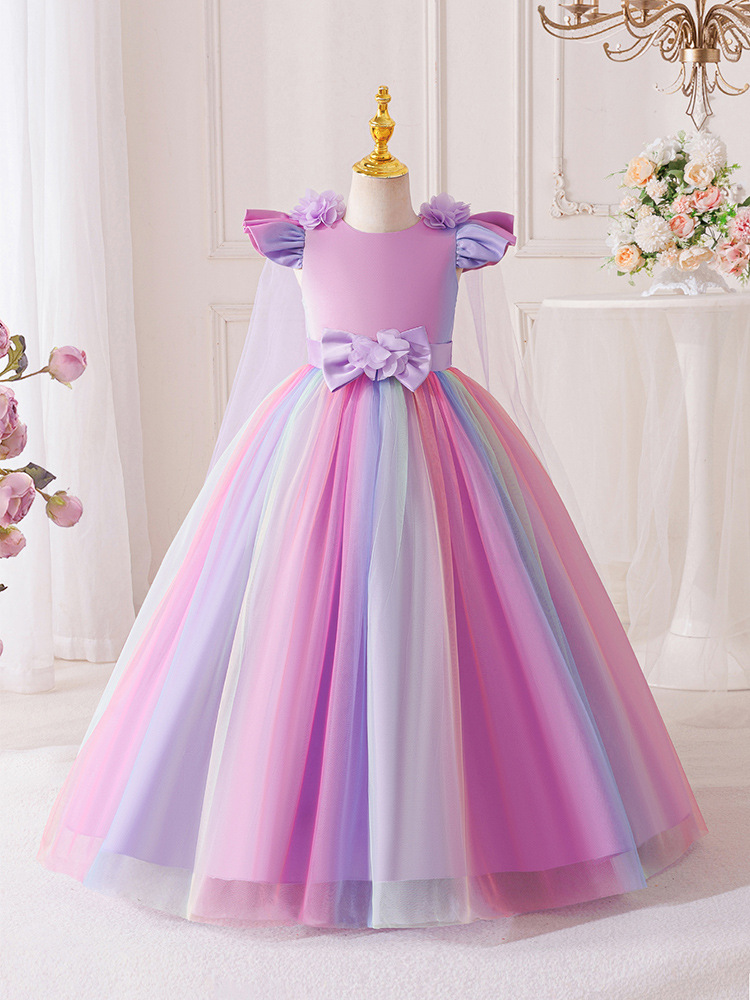 Girls Rainbow Tulle Princess Dress Kids Wedding Party Flying Sleeves Children Birthday Prom Dress Kids Photo Shoot Formal Dress Size 4-8Y