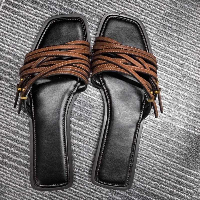 Womens Flat Slides Sandals Vintage Square Toe Leather Strappy Outdoor Casual Shoes for Summer Fashion K260311